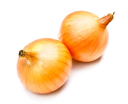 two yellow onions isolated on white background