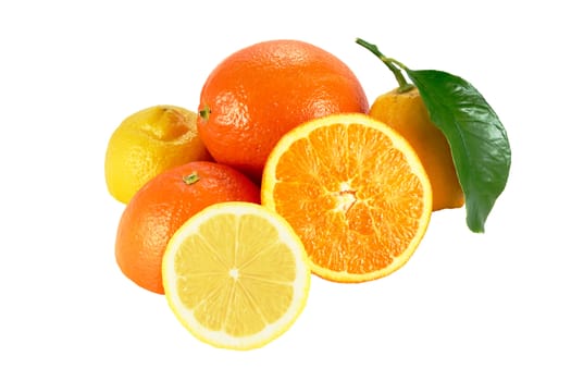 cut oranges and lemons on white background