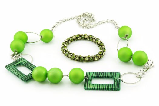 Green Bracelet and Necklace Isolated on White Background