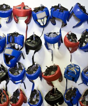 Large group of Boxing Helmets on a wall