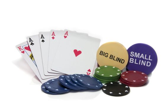 four aces in poker with chips and big and small blind