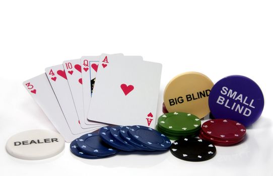 flush hearts in poker with chips and big and small blind on the table