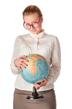 pretty teacher with globe looking, white background