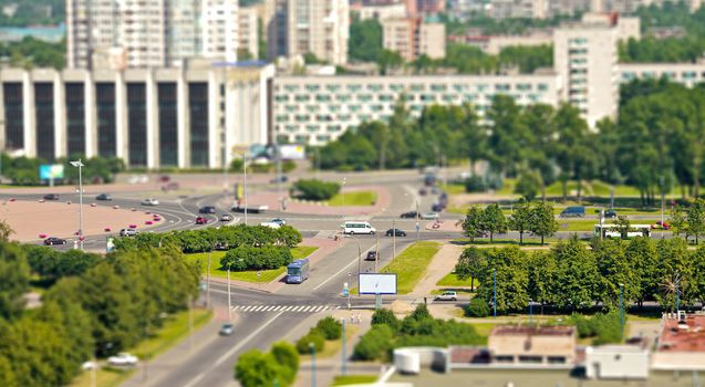 aerial view of the city, tilt-shift effect