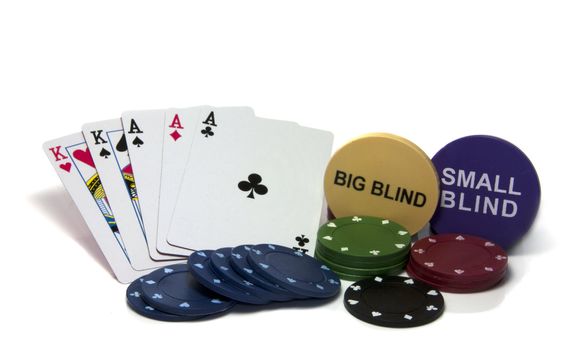 full house in poker with chips on isolated white 
