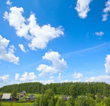 russian village at sunny summer day, high angle view