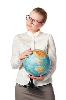 pretty teacher with globe dreaming about something