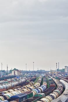 railway station and lot of cargo trains