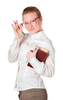 cute teacher with big book isolated on white