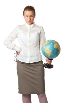 angry teacher with globe looking, white background