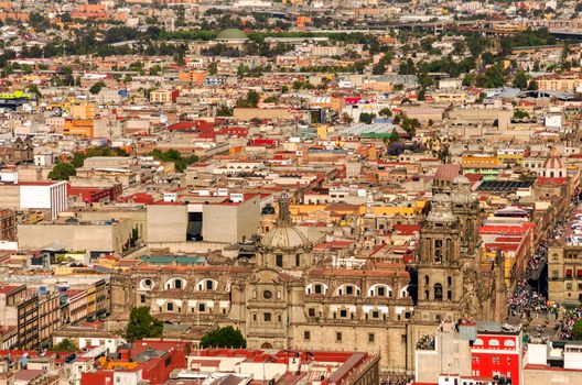 Aerial view of the Cathedral of Mexico City with the surrounding neighborhood