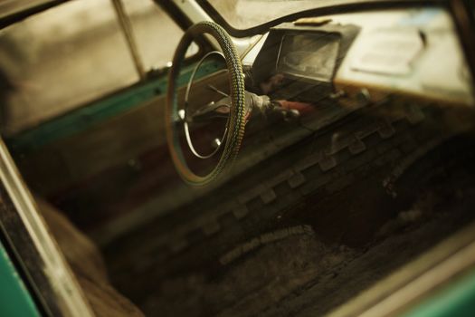 View of the interior of an old vehicle, made with tilt-shift lens