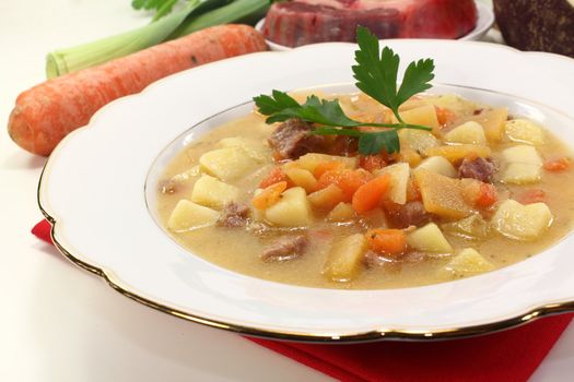 fresh Turnip soup with beef, carrots, potatoes and parsley