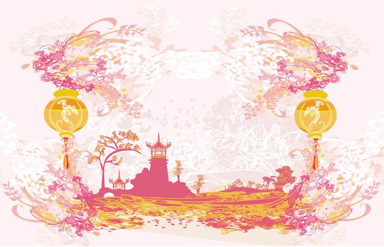old paper with Asian Landscape and Chinese Lanterns - vintage japanese style background