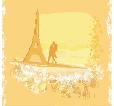 Romantic couple in Paris kissing near the Eiffel Tower.