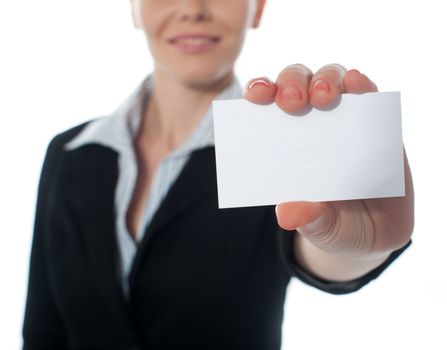 Woman showing businesscard, closeup shot