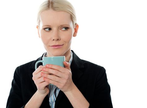 Coporate woman holding coffee mug isolated over white background