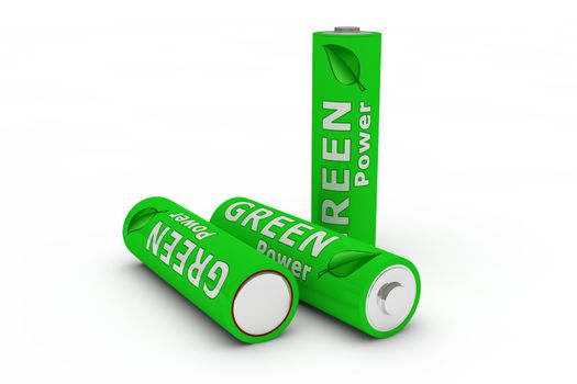 three green LR 6 1.5 volts batteries on a white background