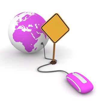 purple computer mouse is connected to a purple globe - surfing and browsing is blocked by a yellow warning sign that cuts the cable - sign as an empty template for your own text