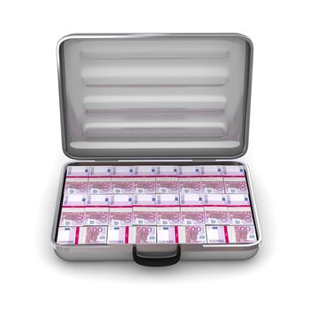 open silver grey briefcase on white ground filled with 500 Euro notes - front view