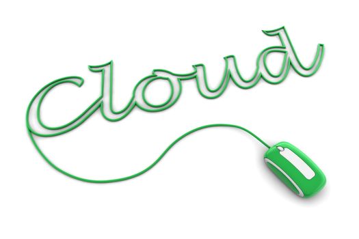 modern glossy green computer mouse is connected to the shiny green word CLOUD - letters a formed by the mouse cable