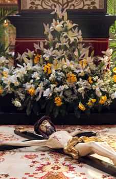 ZAGREB, CROATIA - 11 APRIL: The crucifix in front of God's tomb, was exhibited on Holy Saturday and prepared for veneration in the Zagreb Cathedral, 11 April 2009 in Zagreb, Croatia.