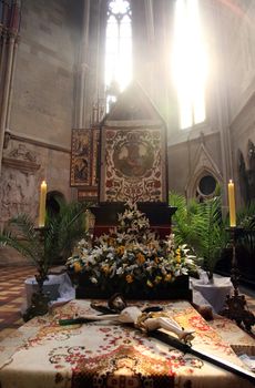 ZAGREB, CROATIA - 11 APRIL: The crucifix in front of God's tomb, was exhibited on Holy Saturday and prepared for veneration in the Zagreb Cathedral, 11 April 2009 in Zagreb, Croatia.