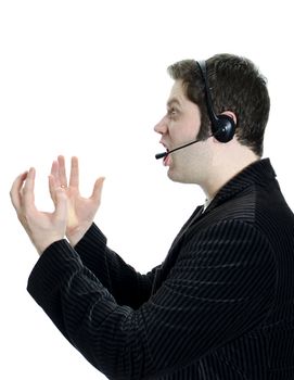 Sports commentator or Customer support with headphones in shock. Isolated on white.