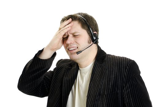 Sports commentator or Customer support with headphones in shock. Isolated on white.