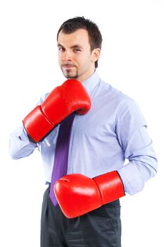 Portrait of a  business man in red boxing gloves isolated on white background. Studio shot.