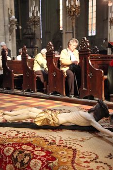 ZAGREB, CROATIA - APRIL 11: On Holy Saturday, people pray in front of God's tomb in the Zagreb Cathedral, April 11, 2009 in Zagreb, Croatia.