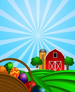 Happy Easter Day Eggs Basket with Red Barn Grain Elevator Silo and Trees on Green Pastures Illustration