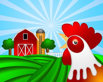 Rooster on Green Pasture with Red Barn with Grain Elevator Silo and Trees Illustration