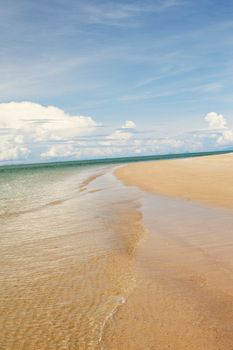 sunny beach, blue ocean and clean sky