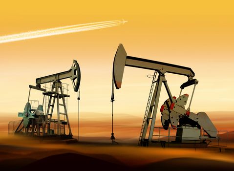 Working oil pumps in desert place of Middle East