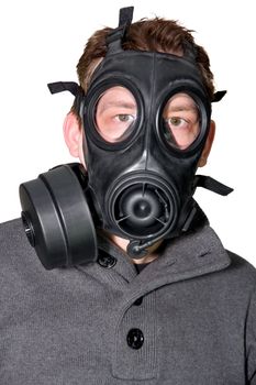 Picture of a man with gasmask and a sweater on a white background
