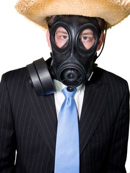 Picture of a man in suit with a gasmask and a hat