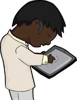 Middle aged man working on a touch tablet over white