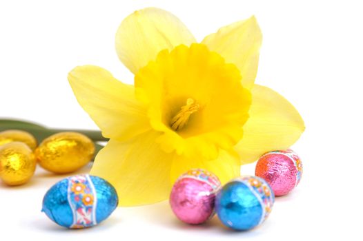 An image of Easter eggs and a daffodil