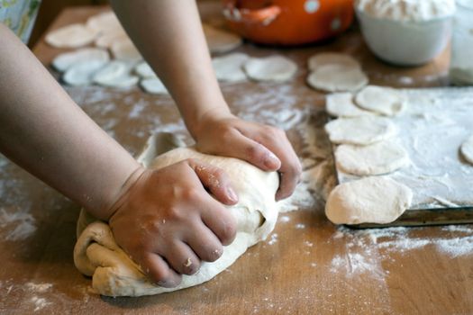 An image of hands making dough for dumplings 