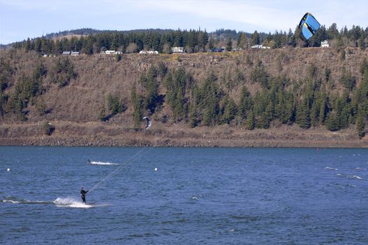 Wind surfers enjoying the pull, Columbia River Gorge OR.