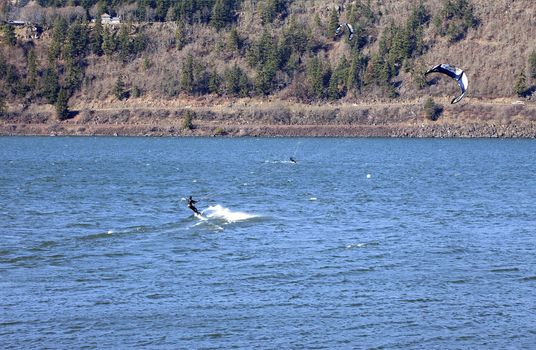 Wind surfers enjoying the pull, Columbia River Gorge OR.