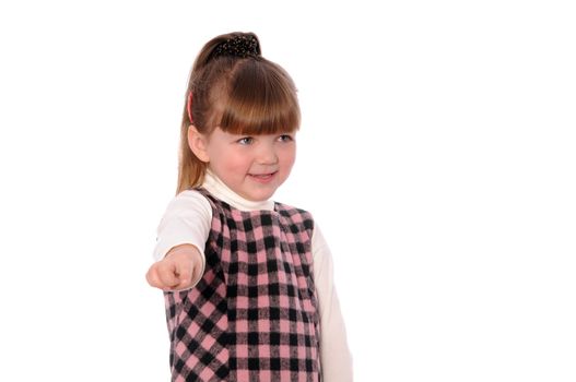 A little girl shows a hand something