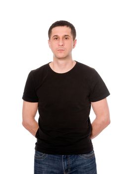 mid adult man in the black t-shirt isolated on white background