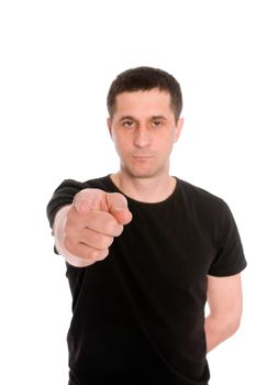 mid adult man shows a hand something isolated on white background