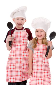 two children chefs isolated on white background