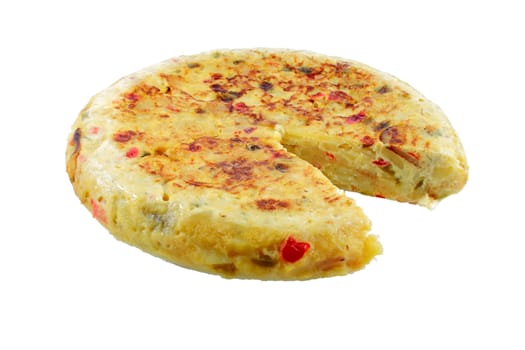 Spanish omelet of potatoes peppers and egg on white background