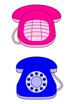 Phone vintage desktop: push-button and dial, pink and blue, isolated on white background