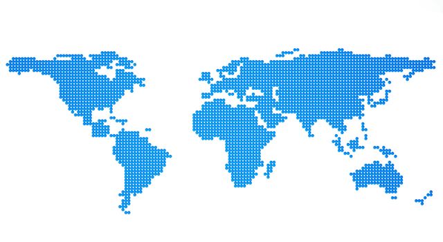 global map from blue metallic balls on a white background