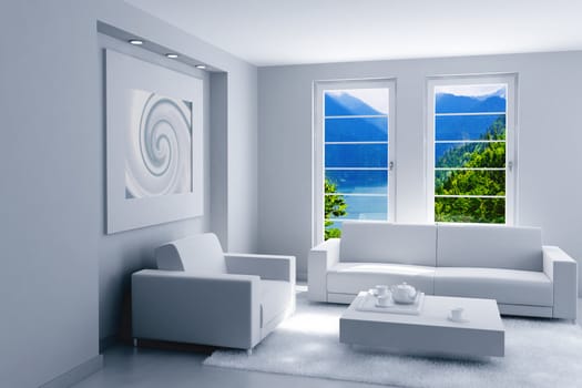 interior of light modern room with a beautiful landscape after a window